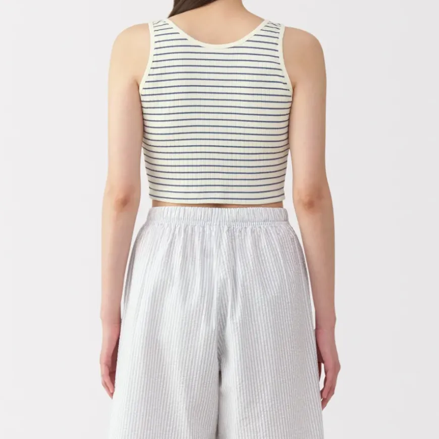 Women's Cotton Stretch Ribbed Cropped Bra Striped Tank Top