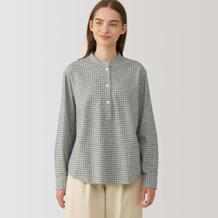 Women's Flannel Stand Collar Long Sleeve Patterned Blouse