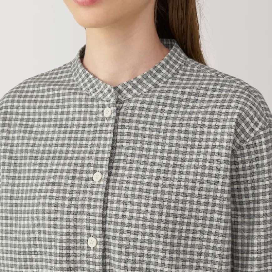 Women's Flannel Stand Collar Long Sleeve Patterned Blouse