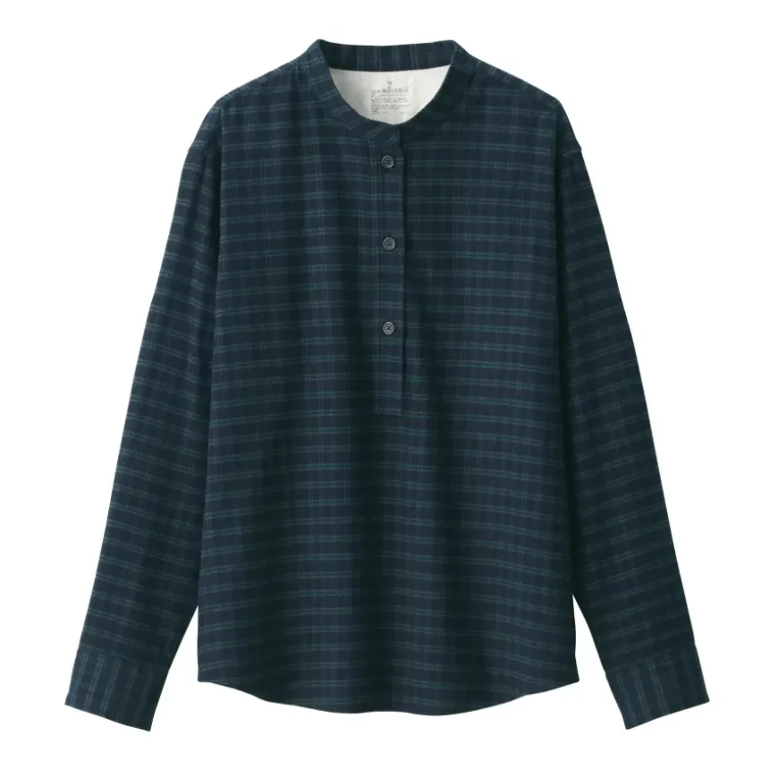 Women's Flannel Stand Collar Long Sleeve Patterned Blouse