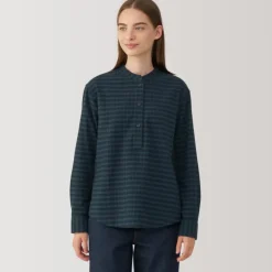 Women's Flannel Stand Collar Long Sleeve Patterned Blouse