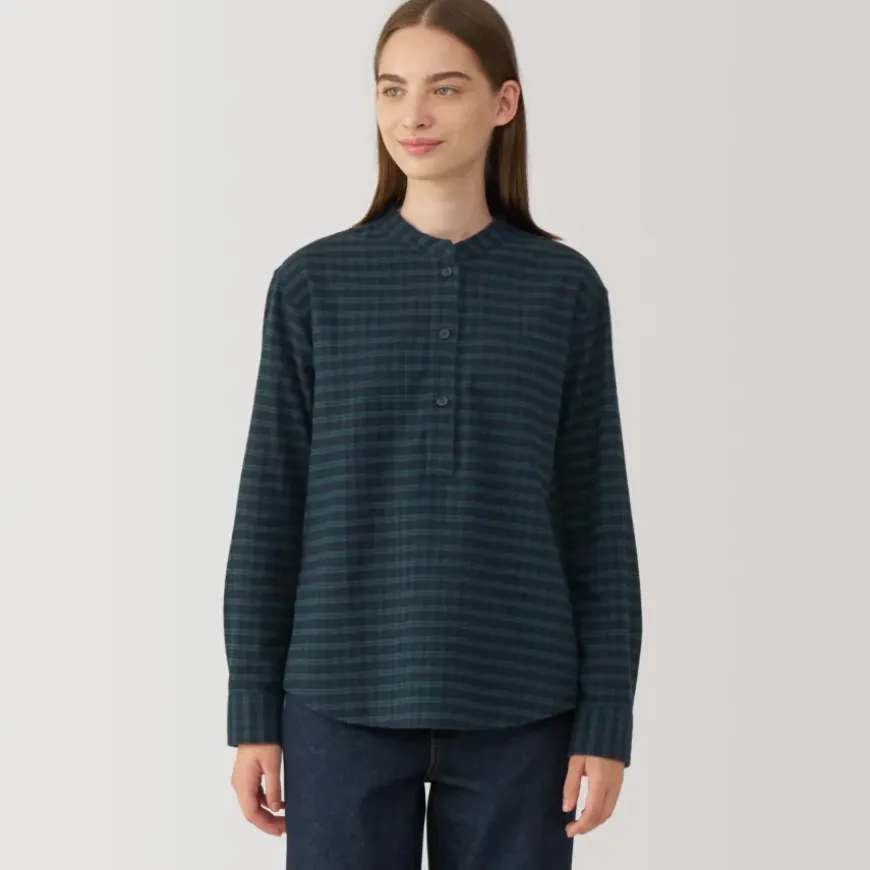 Women's Flannel Stand Collar Long Sleeve Patterned Blouse