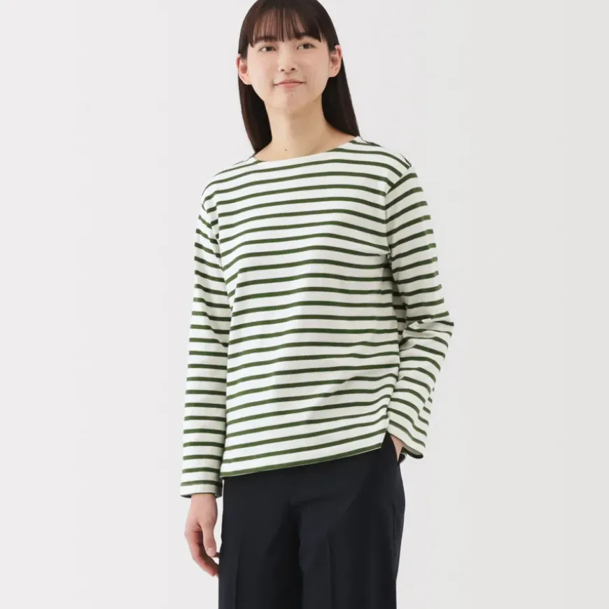 Women's Heavy Weight Boat Neck Long Sleeve Striped T-Shirt