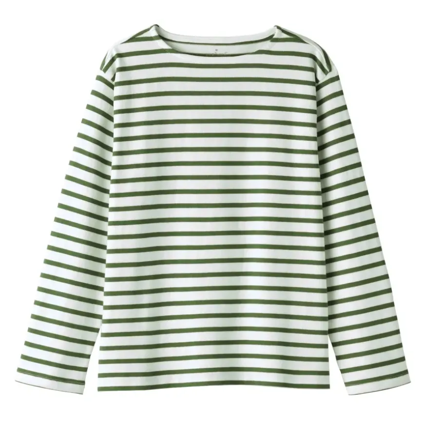 Women's Heavy Weight Boat Neck Long Sleeve Striped T-Shirt