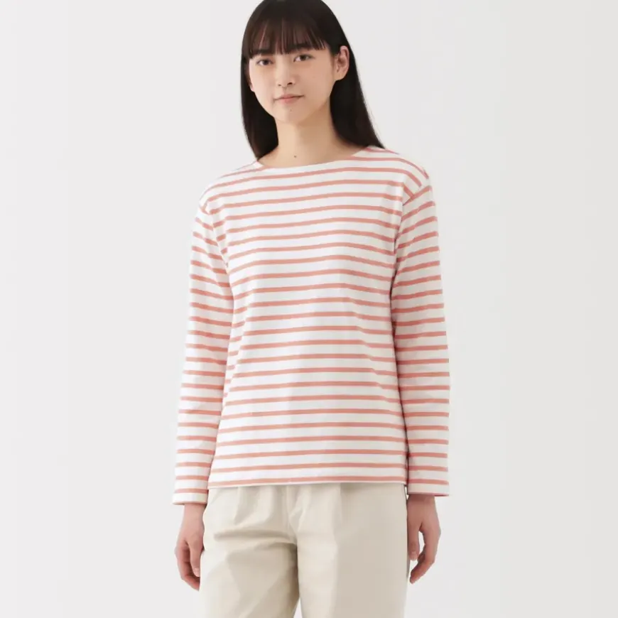 Women's Heavy Weight Boat Neck Long Sleeve Striped T-Shirt