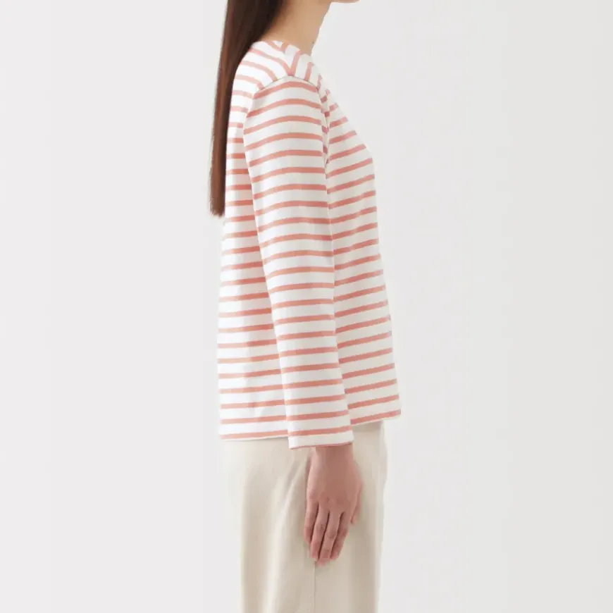 Women's Heavy Weight Boat Neck Long Sleeve Striped T-Shirt