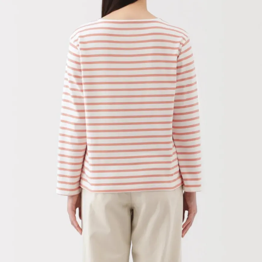 Women's Heavy Weight Boat Neck Long Sleeve Striped T-Shirt