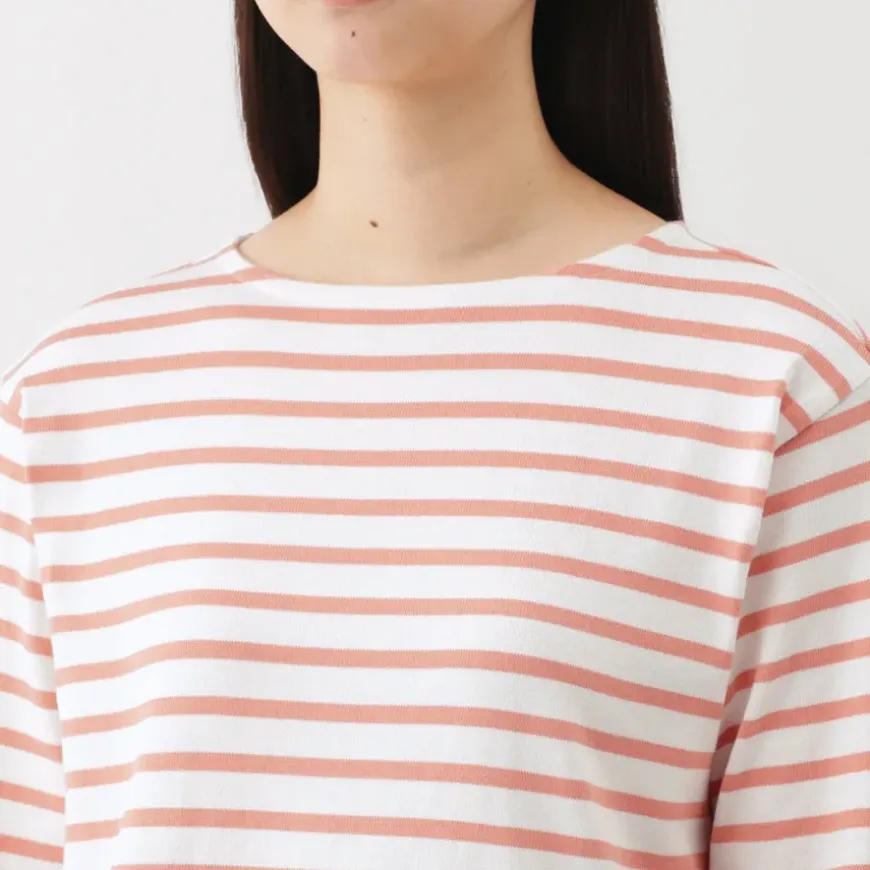 Women's Heavy Weight Boat Neck Long Sleeve Striped T-Shirt