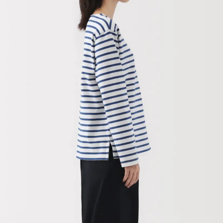Women's Heavy Weight Boat Neck Long Sleeve Striped T-Shirt