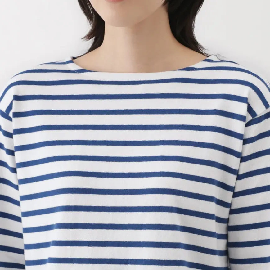 Women's Heavy Weight Boat Neck Long Sleeve Striped T-Shirt
