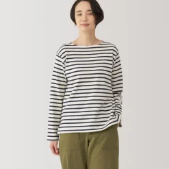 Women's Heavy Weight Boat Neck Long Sleeve Striped T-Shirt