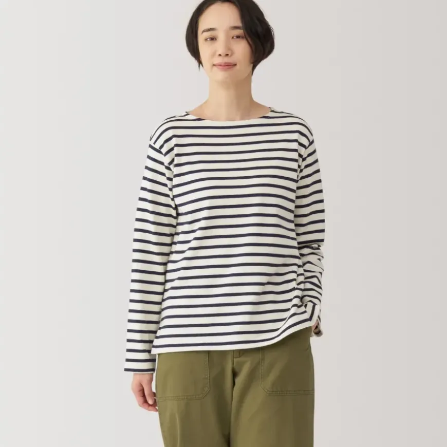 Women's Heavy Weight Boat Neck Long Sleeve Striped T-Shirt