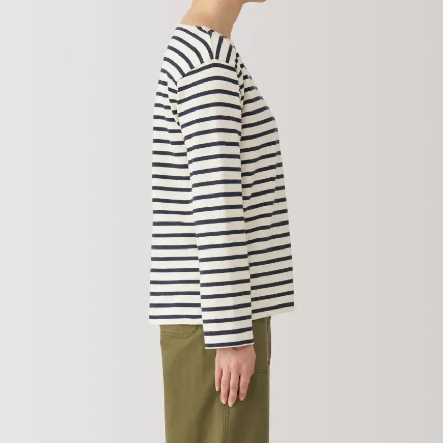 Women's Heavy Weight Boat Neck Long Sleeve Striped T-Shirt