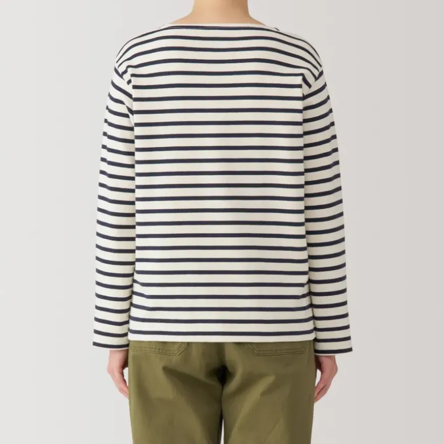 Women's Heavy Weight Boat Neck Long Sleeve Striped T-Shirt