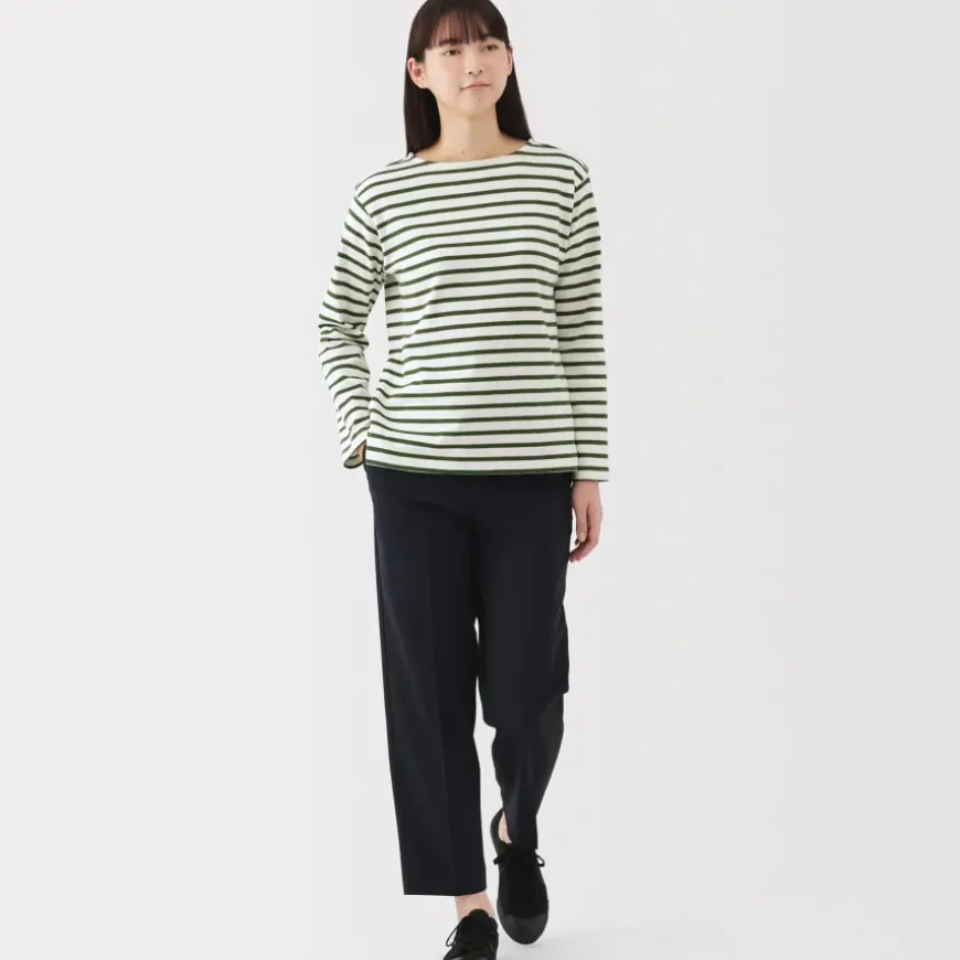 Women's Heavy Weight Boat Neck Long Sleeve Striped T-Shirt