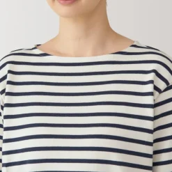Women's Heavy Weight Boat Neck Long Sleeve Striped T-Shirt