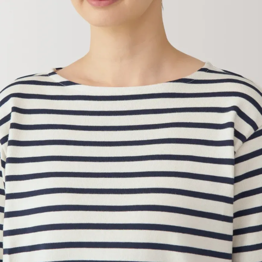 Women's Heavy Weight Boat Neck Long Sleeve Striped T-Shirt