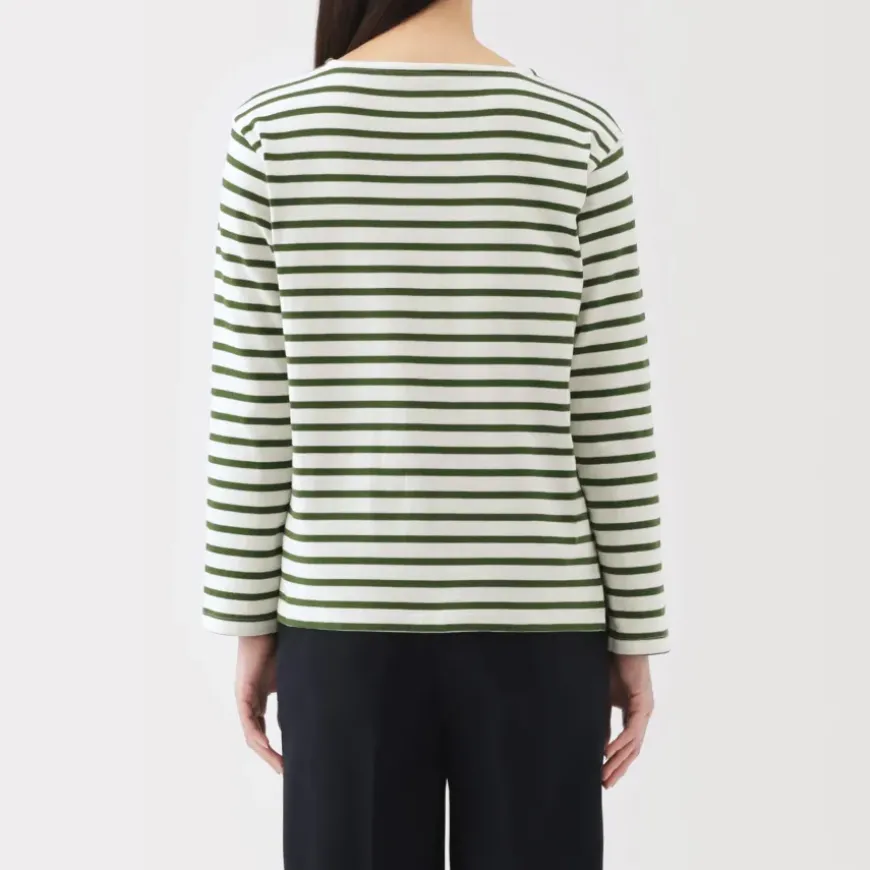 Women's Heavy Weight Boat Neck Long Sleeve Striped T-Shirt