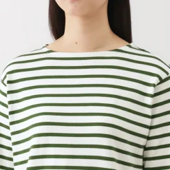 Women's Heavy Weight Boat Neck Long Sleeve Striped T-Shirt