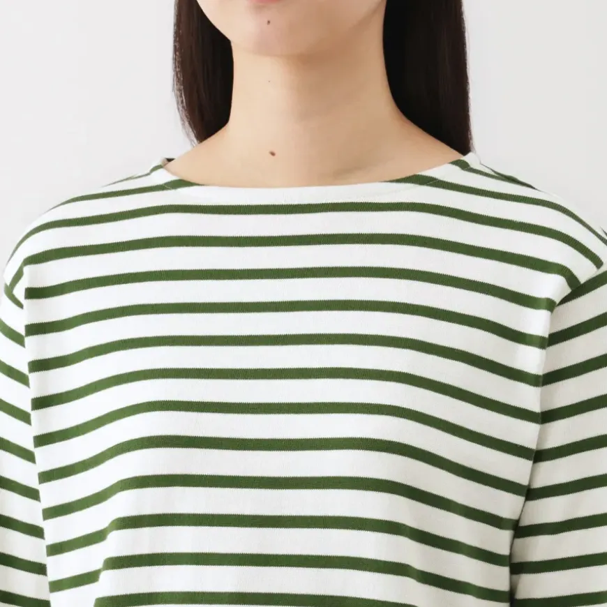 Women's Heavy Weight Boat Neck Long Sleeve Striped T-Shirt