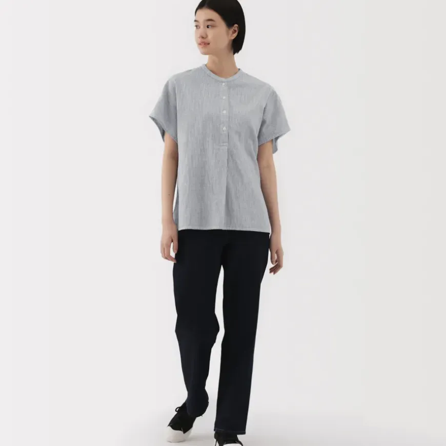 Women's Kapok Blend Double Gauze Short Sleeve Striped Blouse