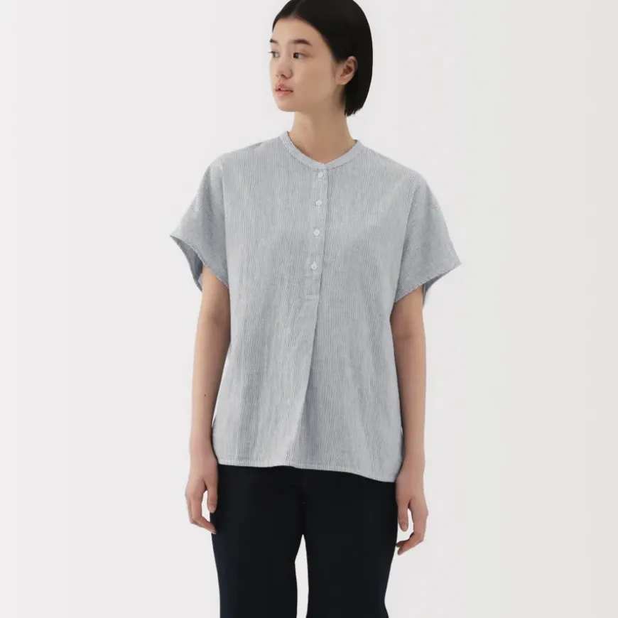 Women's Kapok Blend Double Gauze Short Sleeve Striped Blouse