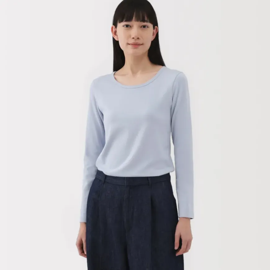 Women's Stretch Ribbed Crew Neck Long Sleeve T-Shirt