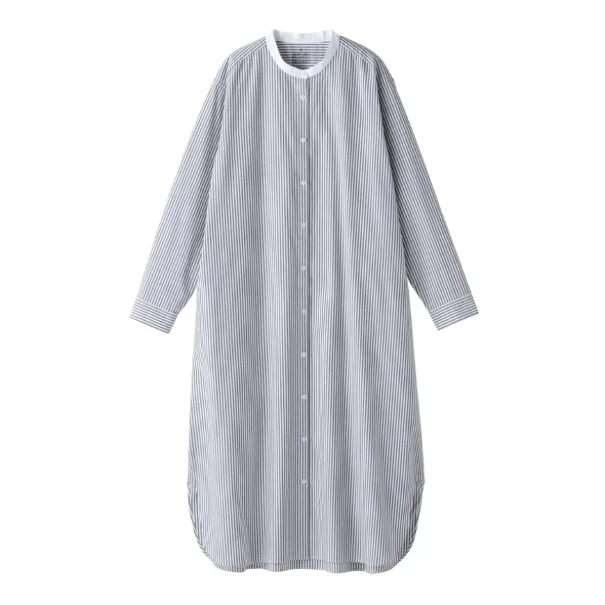 Women's Washed Broadcloth Stand Collar Long Sleeve Striped Dress