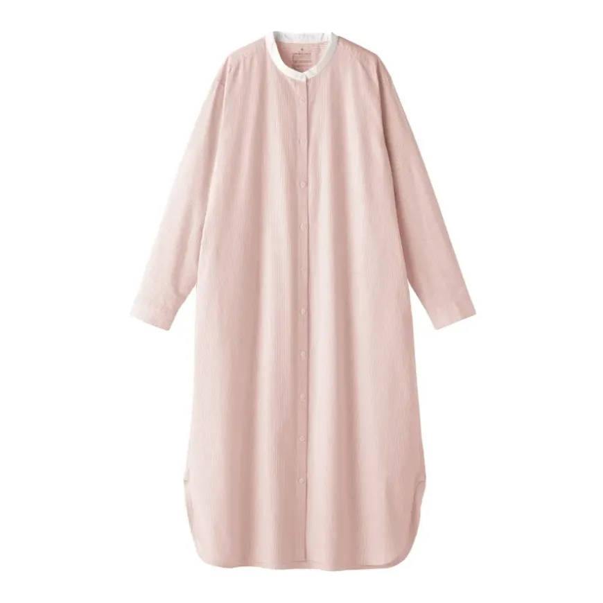 Women's Washed Broadcloth Stand Collar Long Sleeve Striped Dress