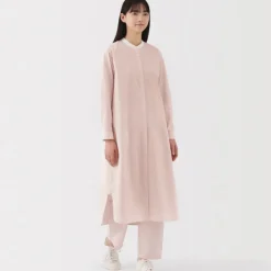 Women's Washed Broadcloth Stand Collar Long Sleeve Striped Dress
