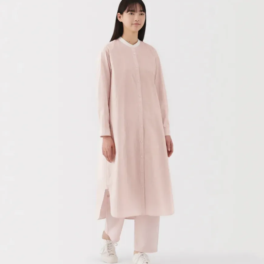 Women's Washed Broadcloth Stand Collar Long Sleeve Striped Dress
