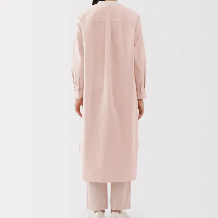 Women's Washed Broadcloth Stand Collar Long Sleeve Striped Dress