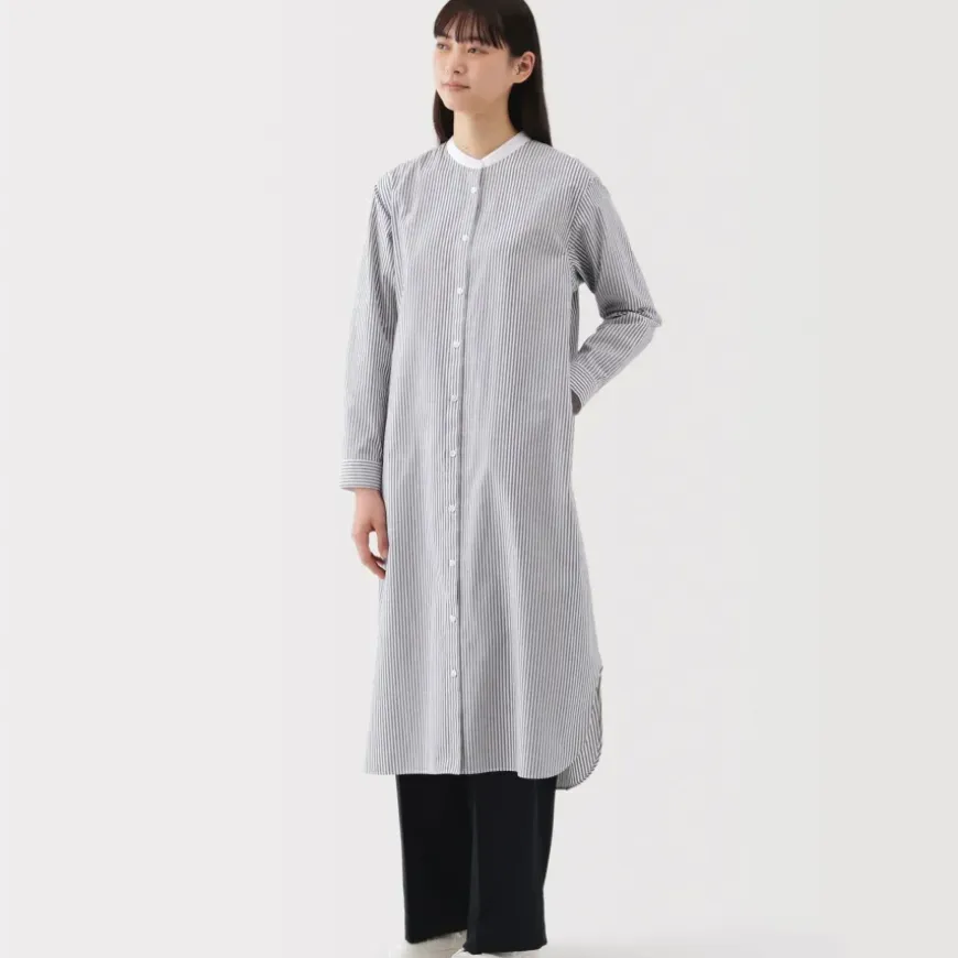 Women's Washed Broadcloth Stand Collar Long Sleeve Striped Dress
