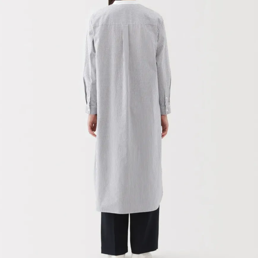 Women's Washed Broadcloth Stand Collar Long Sleeve Striped Dress