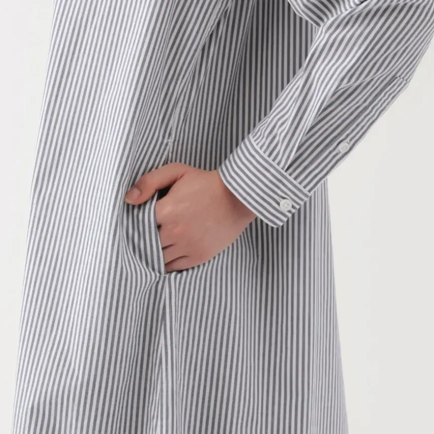 Women's Washed Broadcloth Stand Collar Long Sleeve Striped Dress