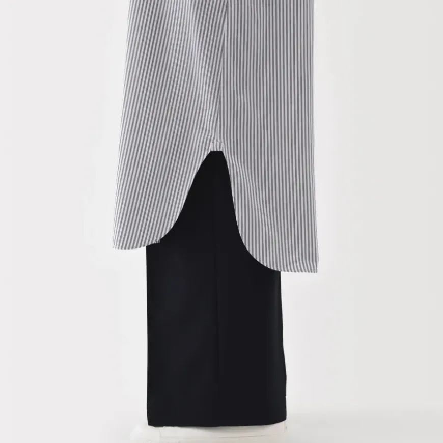 Women's Washed Broadcloth Stand Collar Long Sleeve Striped Dress