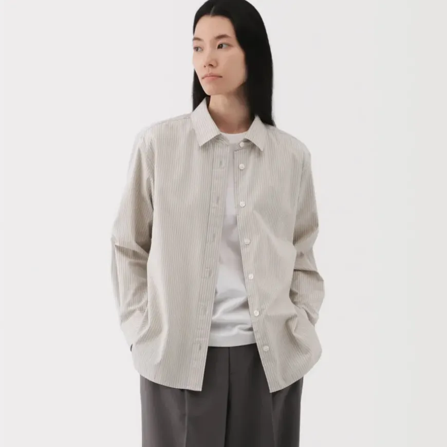 Women's Washed Broadcloth Regular Collar Long Sleeve Striped Shirt