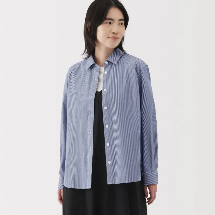 Women's Washed Broadcloth Regular Collar Long Sleeve Striped Shirt