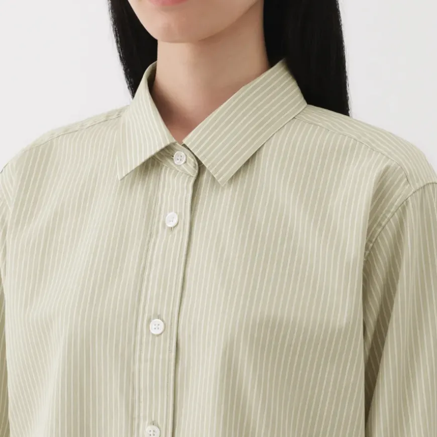 Women's Washed Broadcloth Regular Collar Long Sleeve Striped Shirt