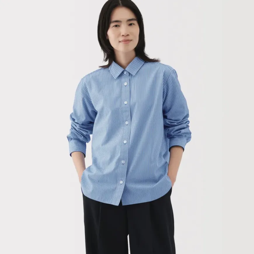 Women's Washed Broadcloth Regular Collar Long Sleeve Striped Shirt