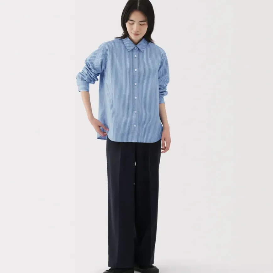 Women's Washed Broadcloth Regular Collar Long Sleeve Striped Shirt