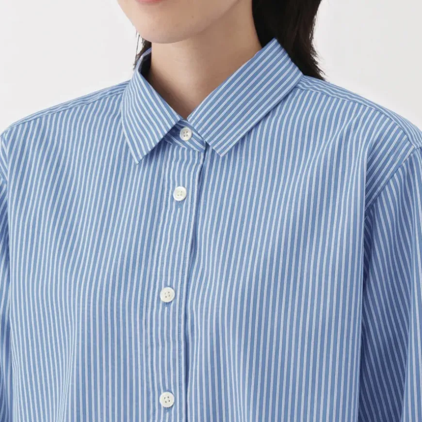 Women's Washed Broadcloth Regular Collar Long Sleeve Striped Shirt