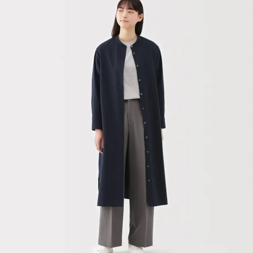 Women's Washed Broadcloth Stand Collar Long-Sleeve Dress
