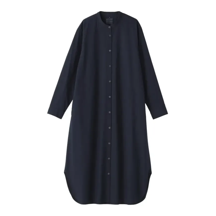 Women's Washed Broadcloth Stand Collar Long-Sleeve Dress