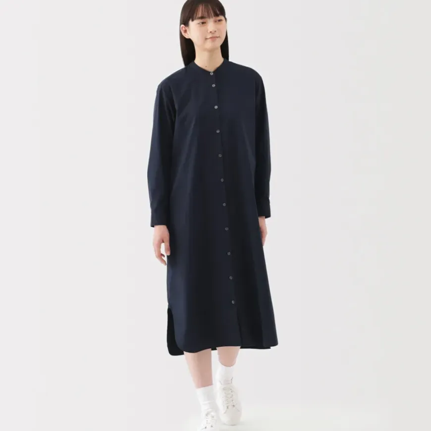 Women's Washed Broadcloth Stand Collar Long-Sleeve Dress