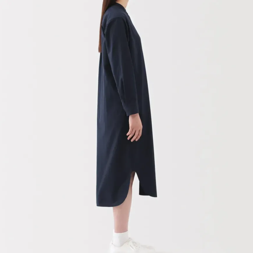 Women's Washed Broadcloth Stand Collar Long-Sleeve Dress