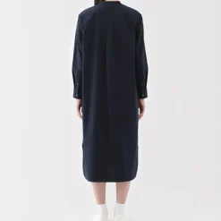 Women's Washed Broadcloth Stand Collar Long-Sleeve Dress