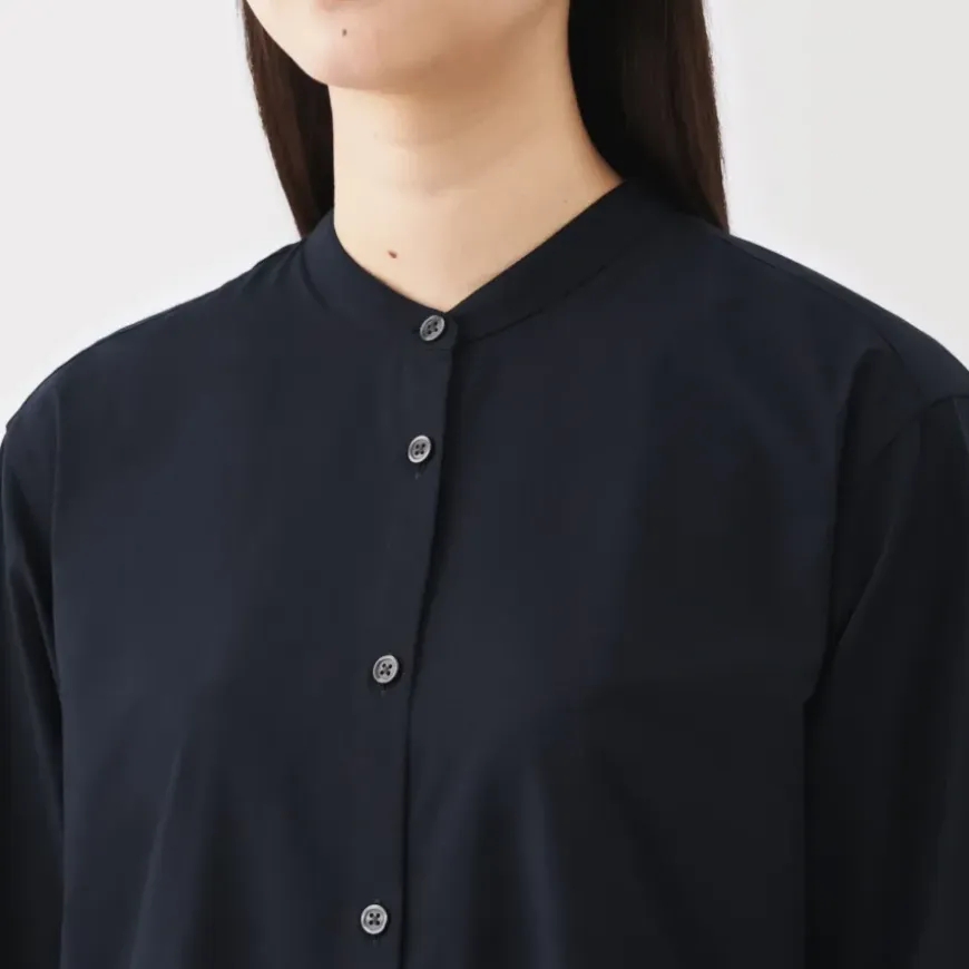 Women's Washed Broadcloth Stand Collar Long-Sleeve Dress