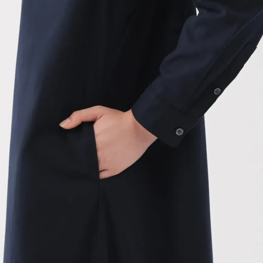 Women's Washed Broadcloth Stand Collar Long-Sleeve Dress